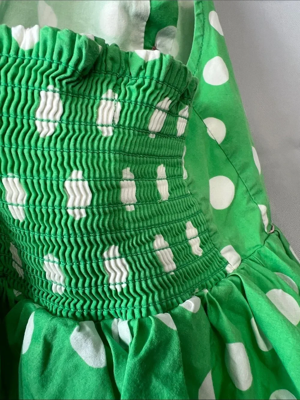 Mini Boden green and white polkadot smocked back halter dress Peter Pan collar